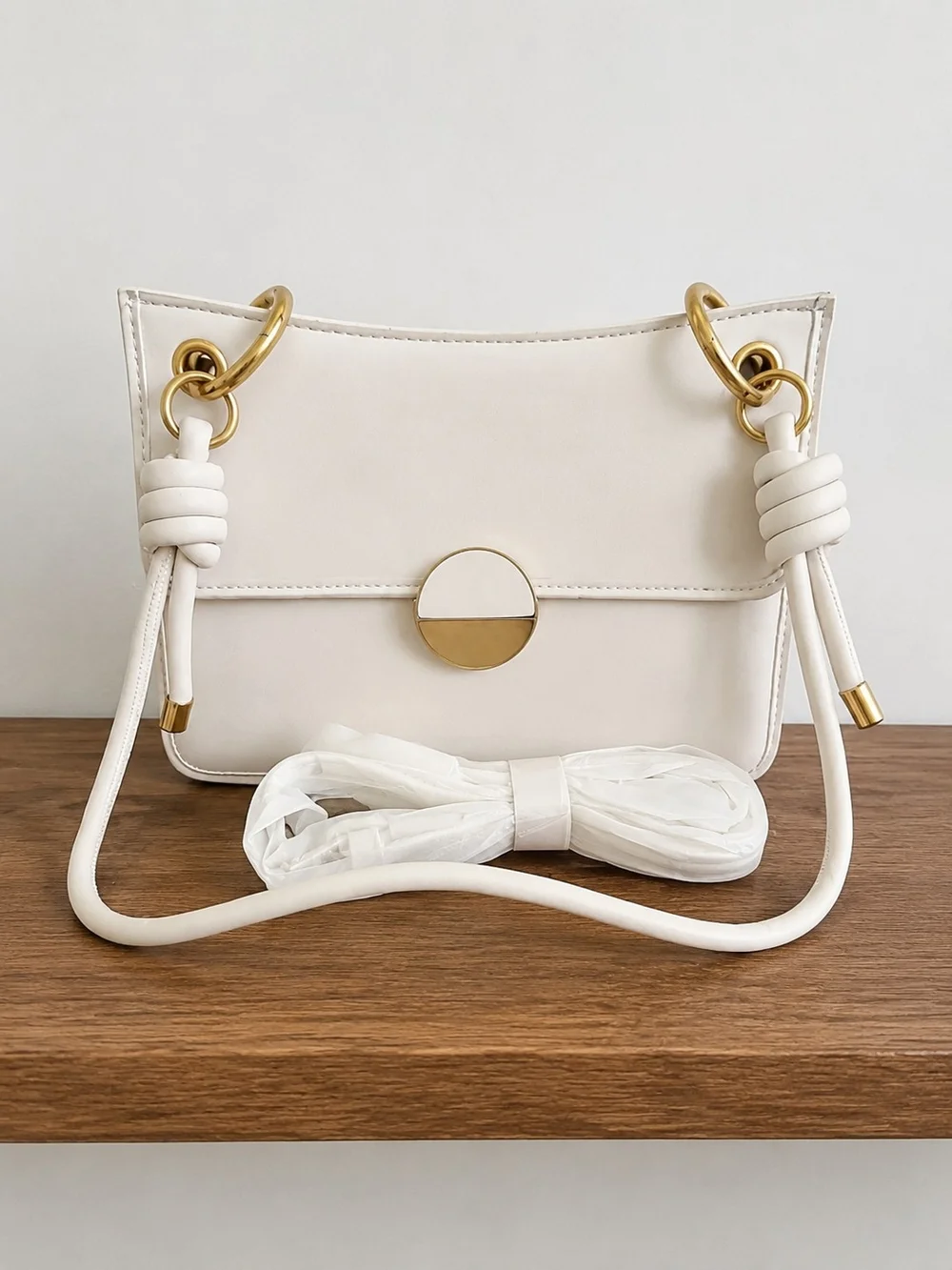 Off White Shoulder Bag with Gold-Tone Hardware & Detachable Crossbody Strap
